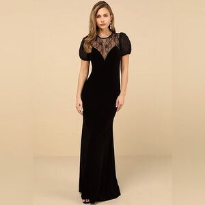 LuLu’s “Alluring Event” Black Velvet/Lace Puff-Sleeve Maxi Dress - size M